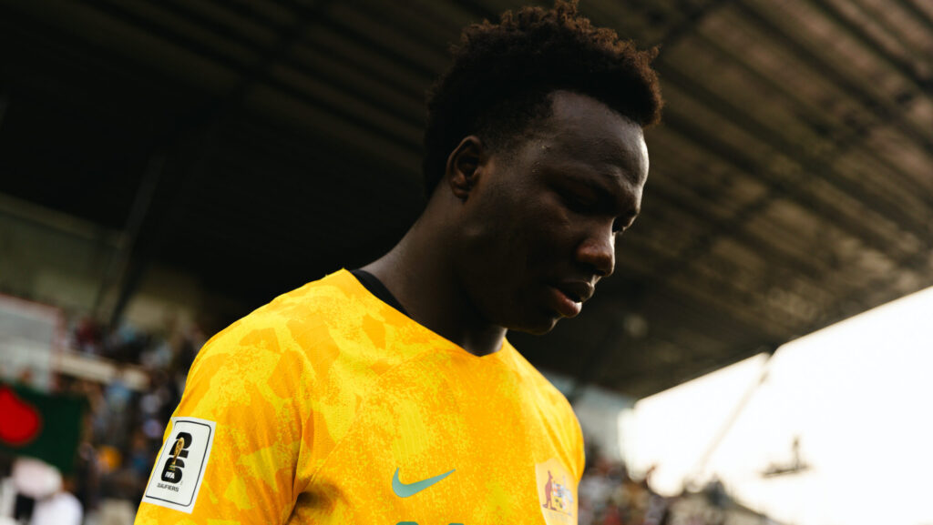 Nestory Irankunda walking out for Australia. Provided by Aleksandar Jason/Socceroos.