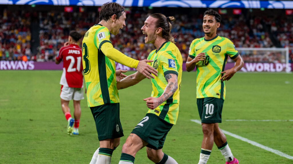 Jackson Irvine celebrates his brace against Indonesia. Photo: Provided by Subway Socceroos.