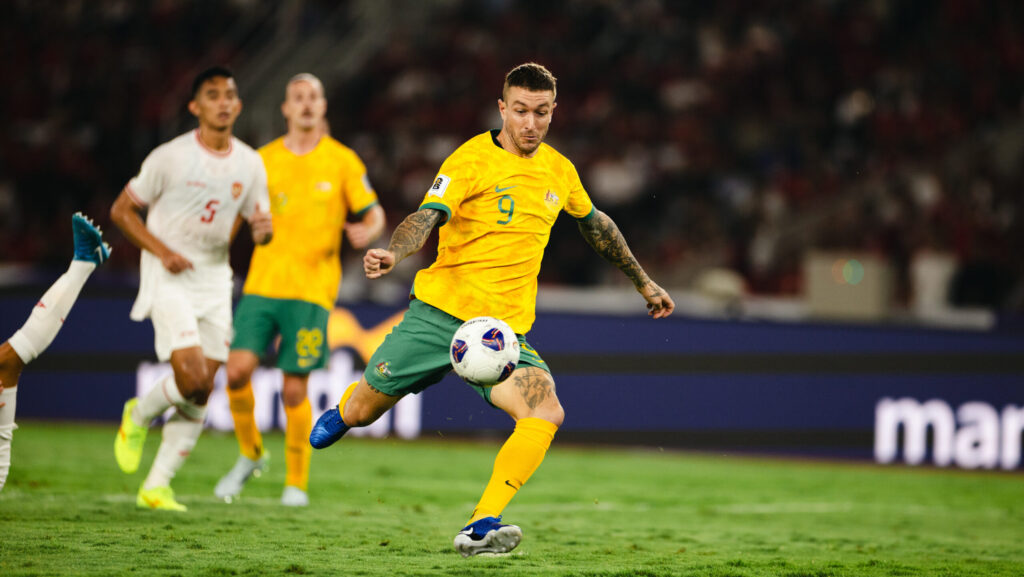 Adam Taggart in action against Indonesia in September 2024. Photo: Aleksandar Jason/Subway Socceroos