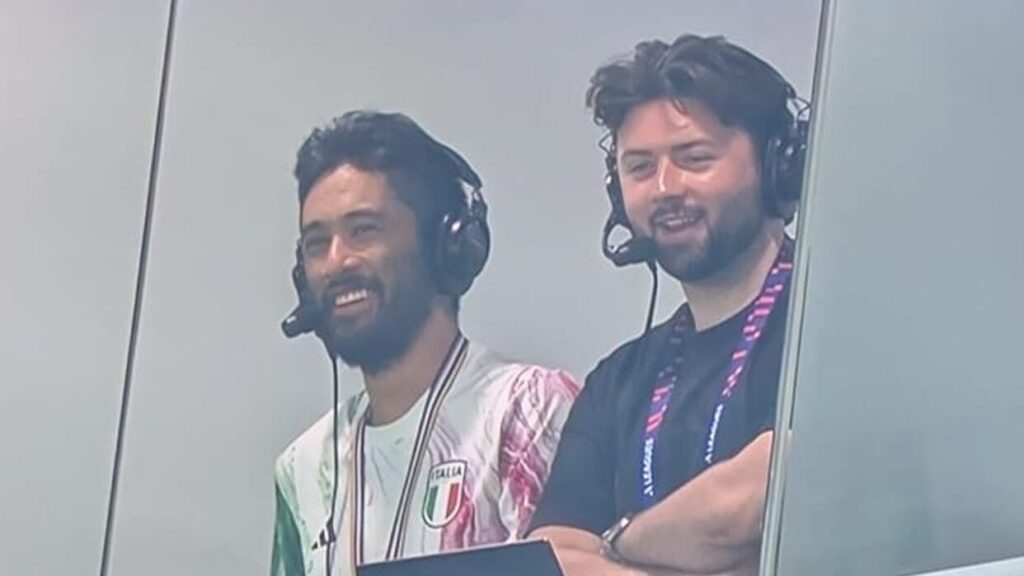 Eric Subijano (L) and Jude Dolan (R) commentating at an A-Leagues game this season. Photo: Provided by Jude Dolan.