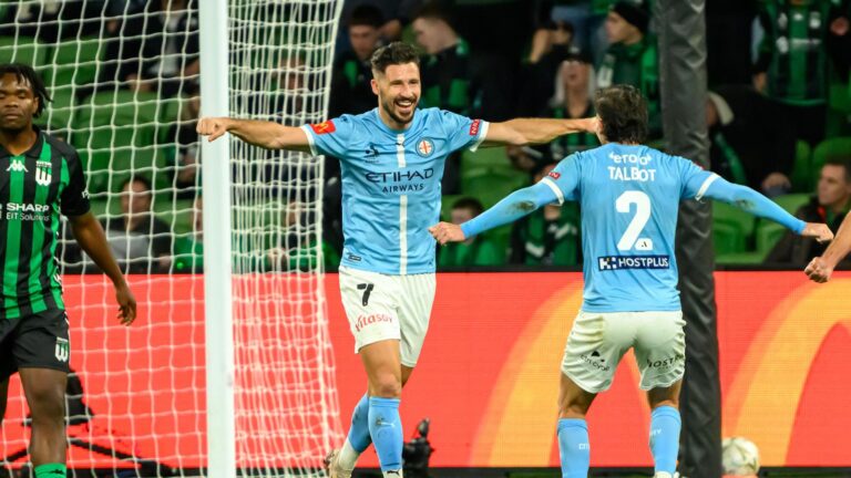 Mathew Leckie celebrates his goal in Melbourne City's first leg triumph over Western United. Photo: Marcus Robertson / Round Ball Australia.